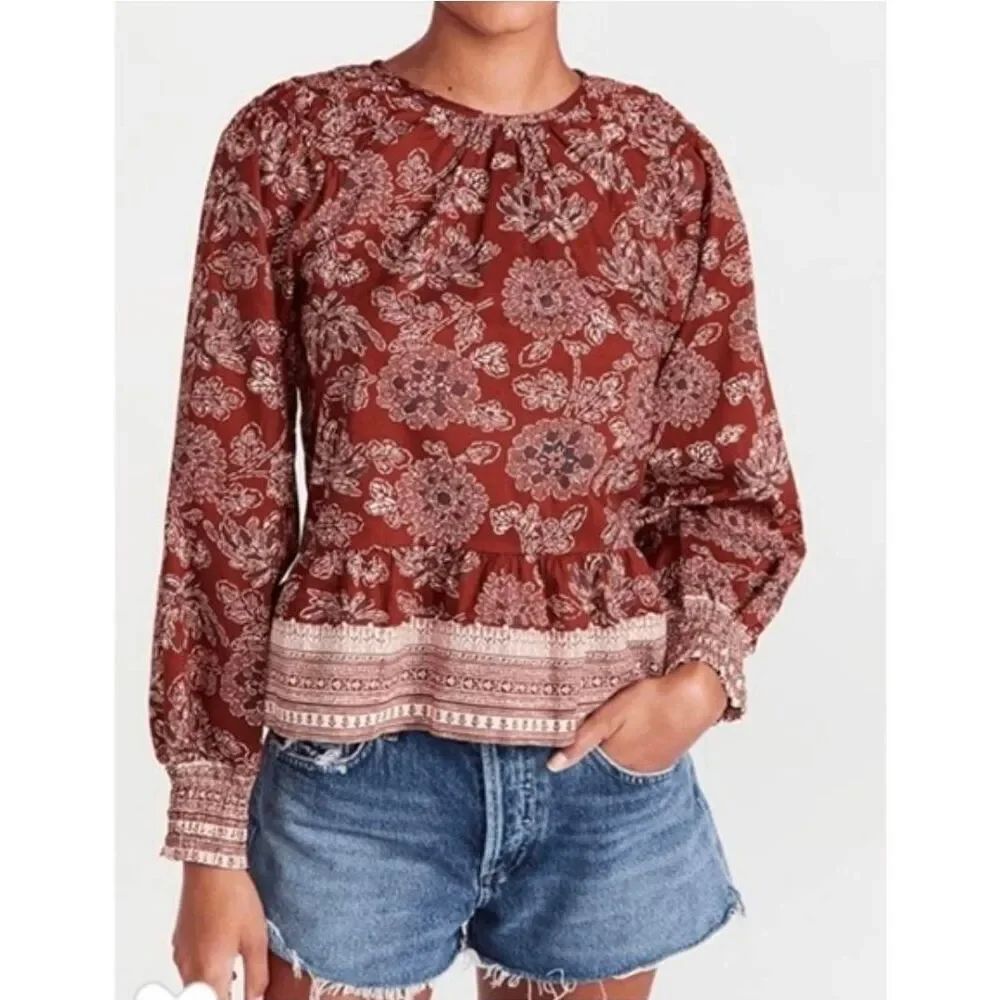 Veronica Beard Kester Floral Peplum Blouse - Rust Red Size 2